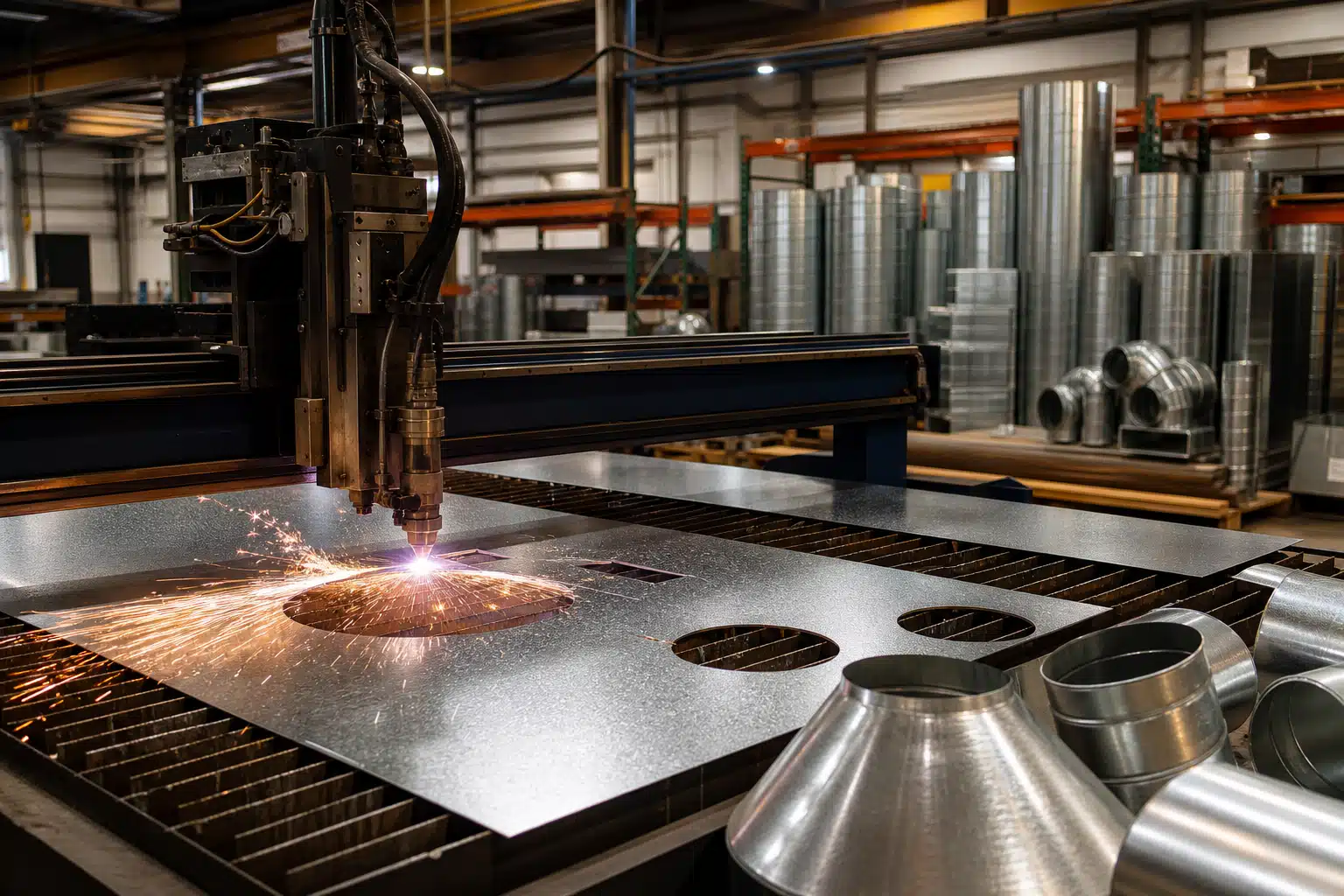 Custom HVAC ductwork fabrication at Sheet Metal Shop in Columbus Ohio &mdash; CNC precision cutting equipment in a professional fabrication facility