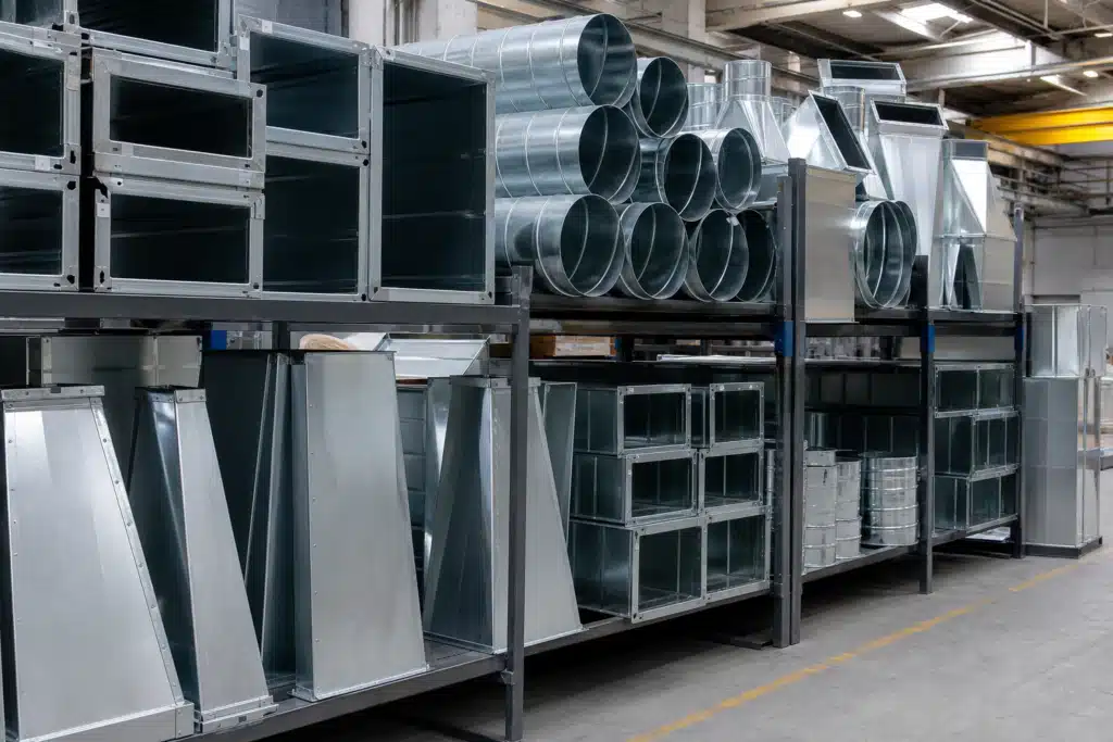 Galvanized steel HVAC ductwork components fabricated to specification for commercial installation in Columbus Ohio