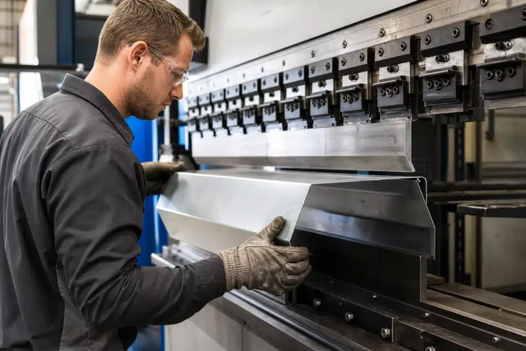 Sheet metal fabrication technician working on custom HVAC duct transition piece using CNC equipment